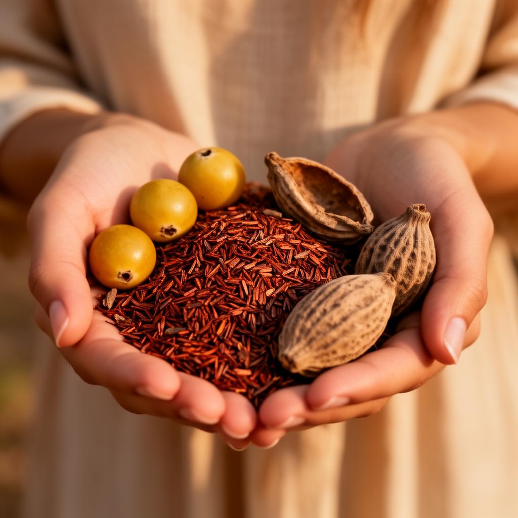 Hands holding African botanicals - marula, rooibos, and baobab