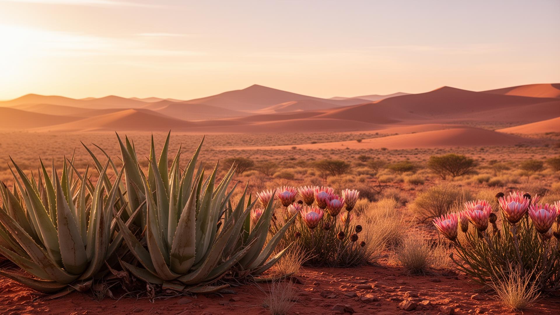 Kalahari desert landscape with aloe and protea flowers at golden hour