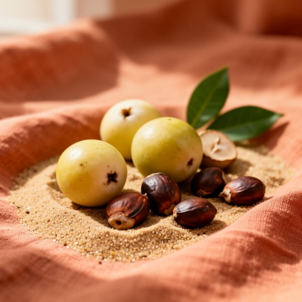 Marula fruit and seeds resting on warm linen, the botanical source of Kloom's signature face oil