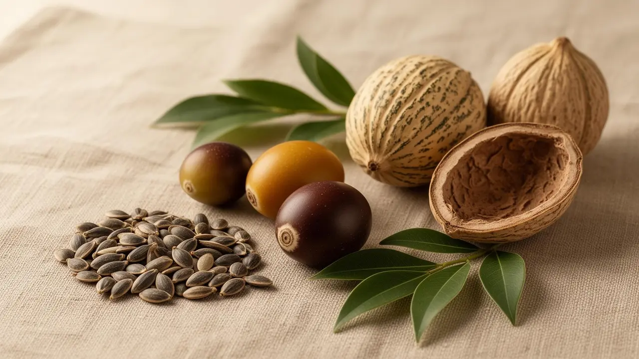 African botanicals - Kalahari melon seeds, marula fruits, and baobab