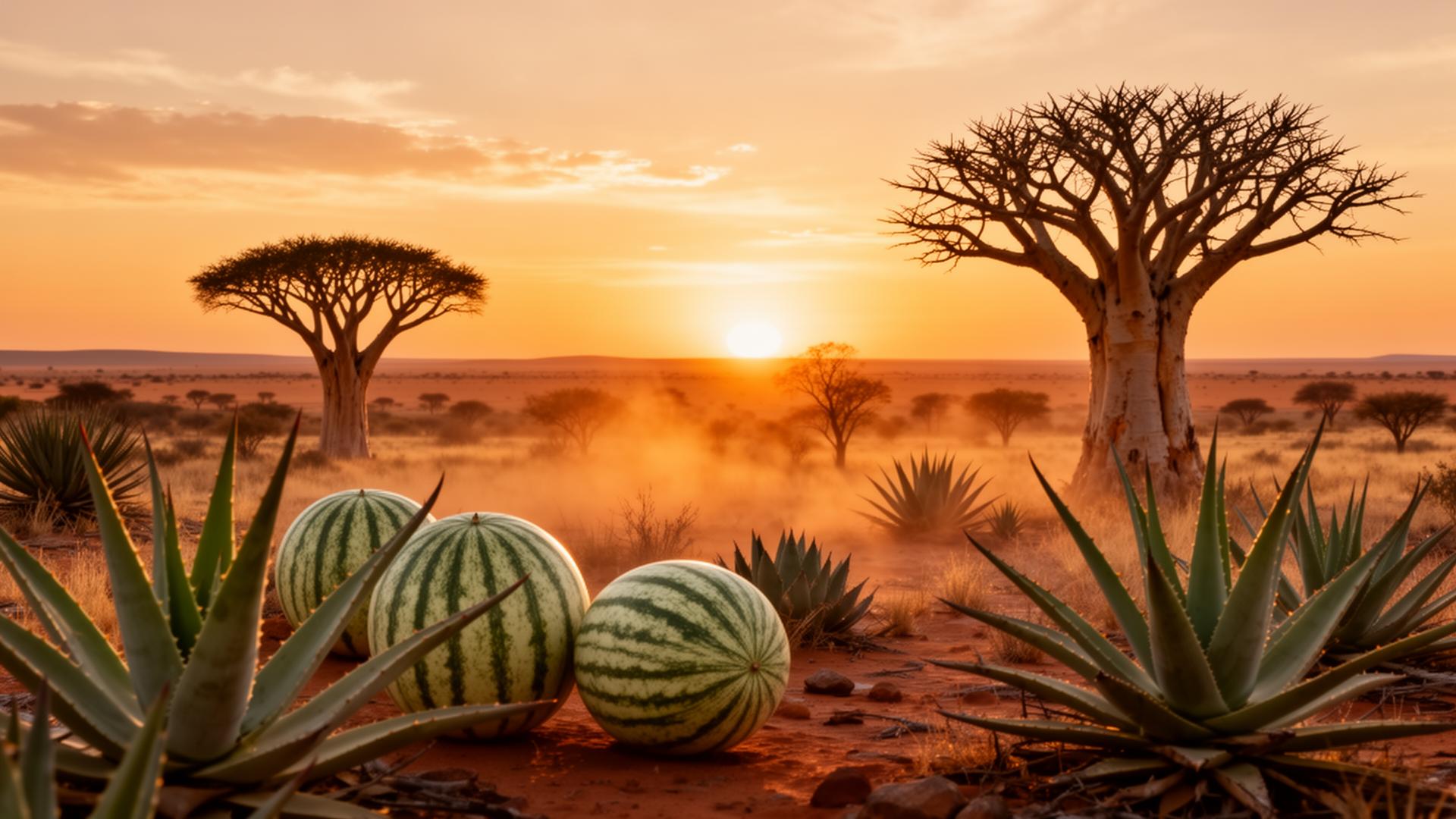 Kalahari desert botanicals at golden hour sunset with aloe, tsamma melons and baobab trees