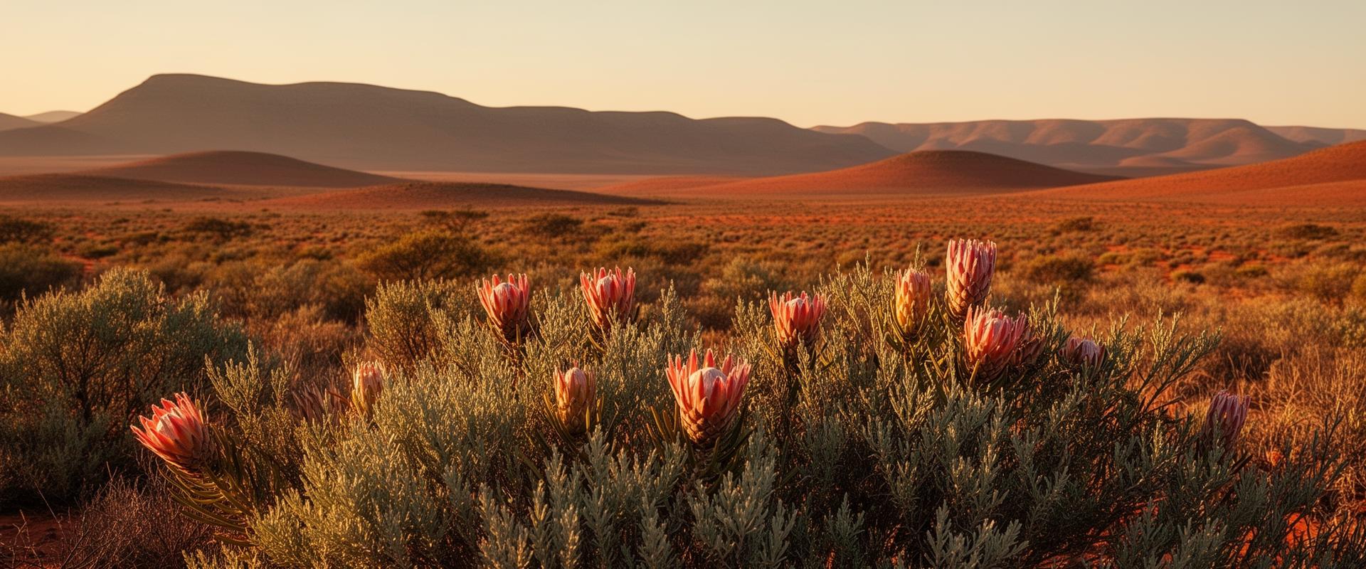 South African Kalahari landscape with indigenous protea flowers at golden hour